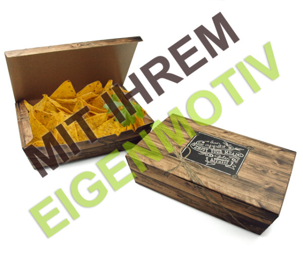 Anfrage: Snack-Box groß mit Klappdeckel, Recyclingkarton braun + Fettbarriere (kunststofffrei), 300 g/m², 1-2 fbg. Druck (Echtfarben)
