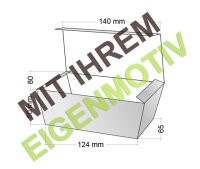 Anfrage: Snack-Box klein mit Klappdeckel, Recyclingkarton braun + Fettbarriere (kunststofffrei), 300 g/m², 1-2 fbg. Druck (Echtfarben)