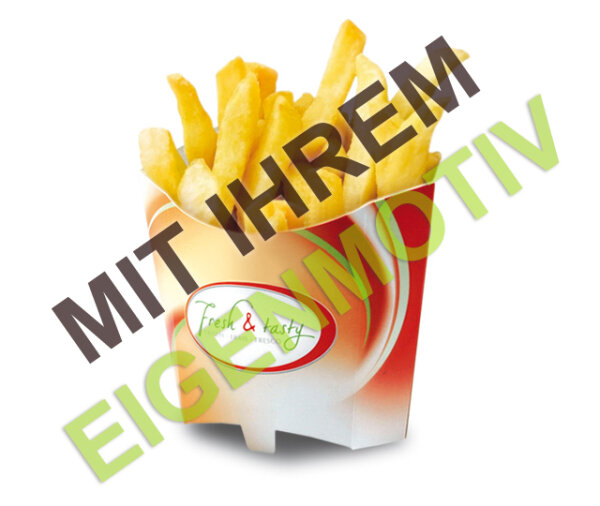 Anfrage: Pommes-Schütte 196 ml, Recyclingkarton braun + Fettbarriere (kunststofffrei), 300 g/m², 3-4 fbg. Druck (Echfarben)