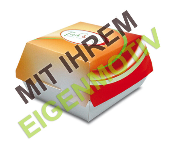 Anfrage: Burger-Box groß, 135/115x125/105x75 mm, Recyclingkarton braun + Fettbarriere (kunststofffrei), 300 g/m², 3-4 fbg. Druck (Echtfarben)