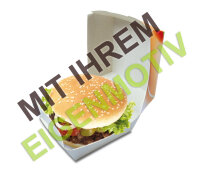 Anfrage: Burger-Box groß, 135/115x125/105x75 mm, Recyclingkarton braun + Fettbarriere (kunststofffrei), 300 g/m², 3-4 fbg. Druck (Echtfarben)