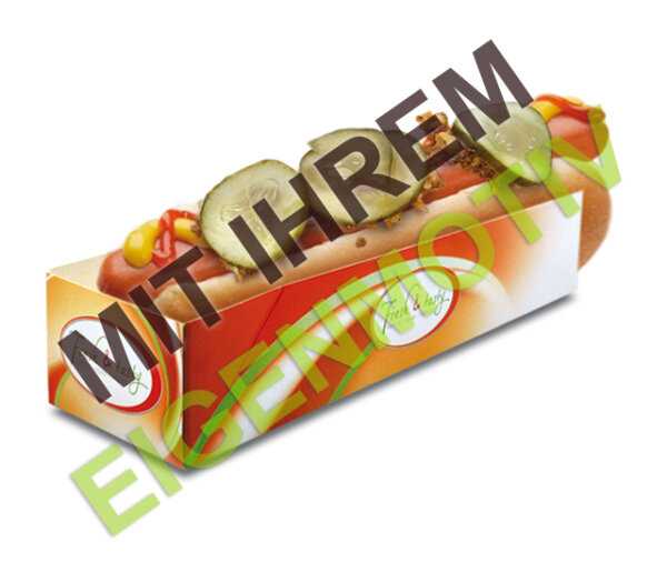 Anfrage: Hot-Dog-Tray, Recyclingkarton braun + PET. ca. 365 g/m², 1-2 fbg. Druck (Echtfarben)